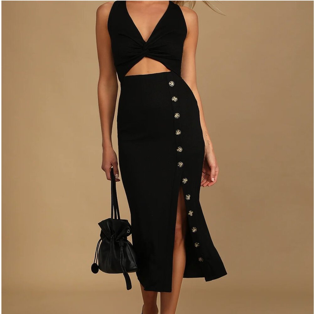 Black Ribbed Twist-Front Cutout Midi Dress